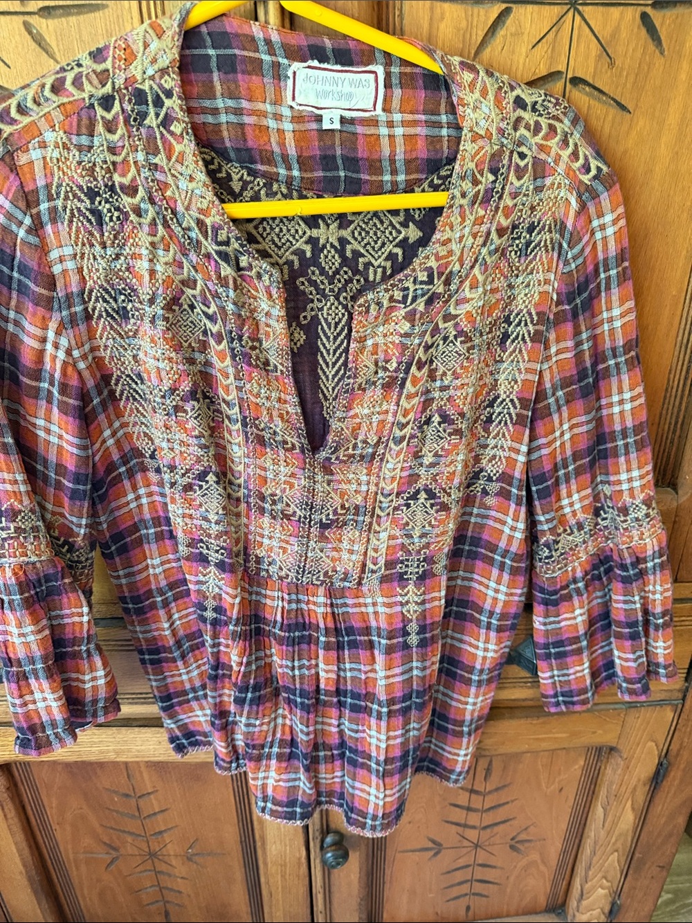 Johnny Was Rust and Burgundy Plaid Embroidered Peasant Tunic